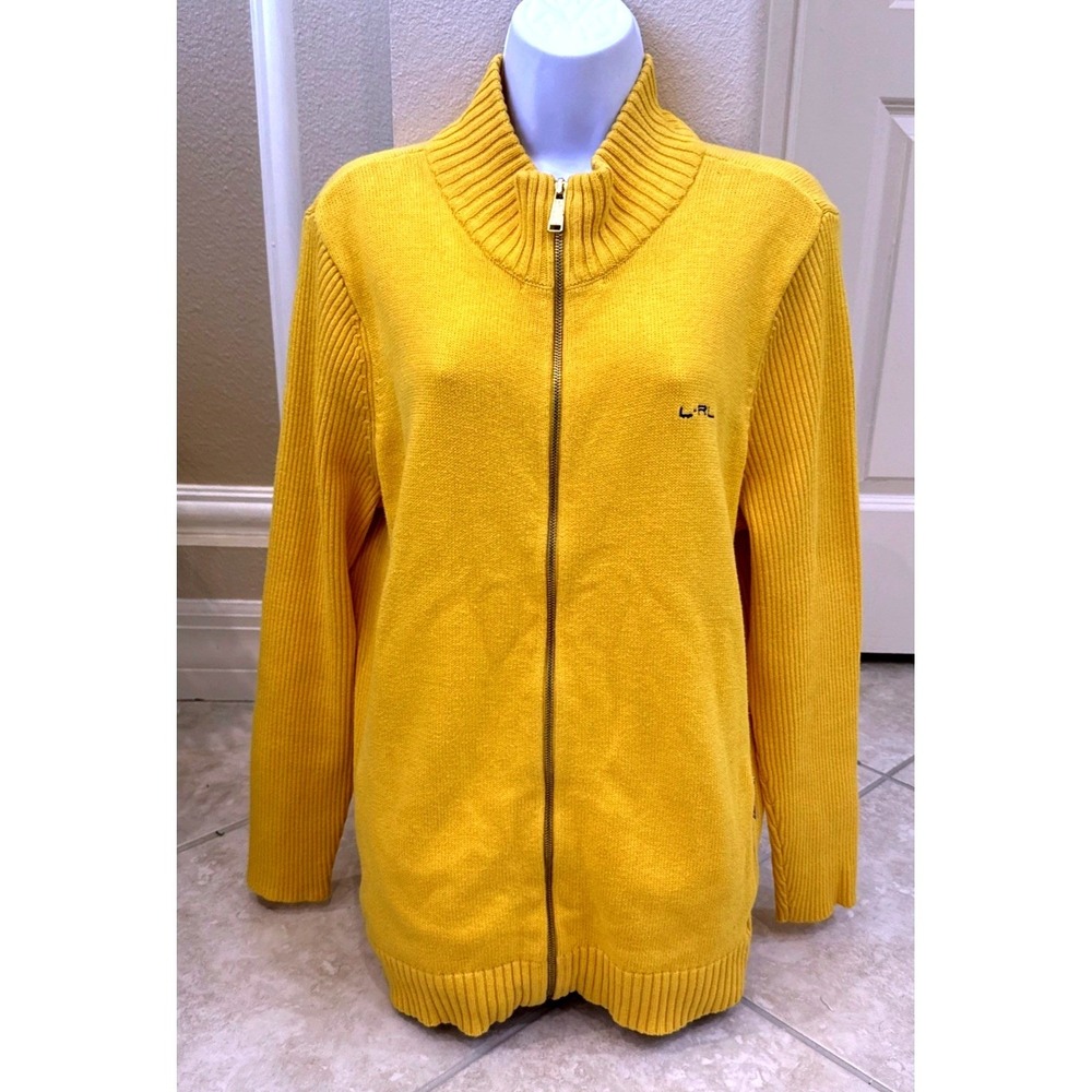 Lauren Ralph Lauren Yellow Full Zip Cardigan Mock Neck Sweater Gold Hardware LRL